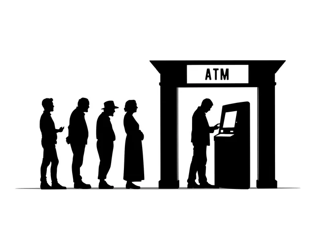 Illustration of people queuing at an ATM