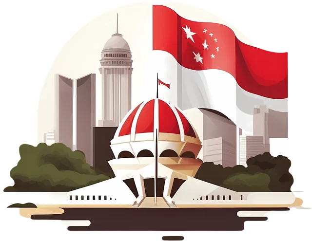 Illustration of Singapore landmarks with the national flag